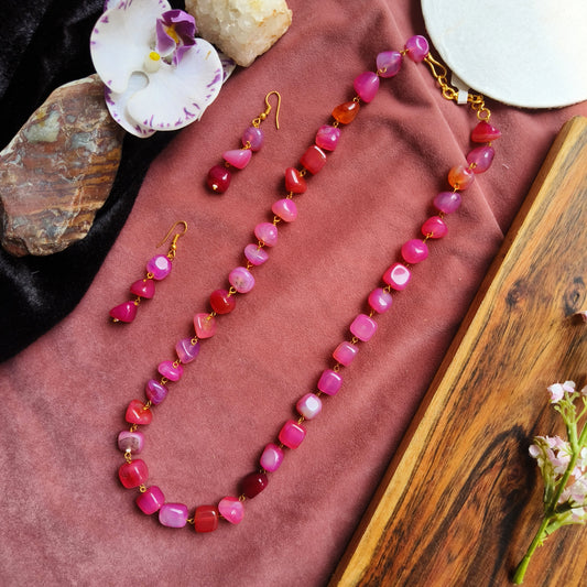 Pink & Red Agate Stone Beaded Necklace Set with Matching Earrings