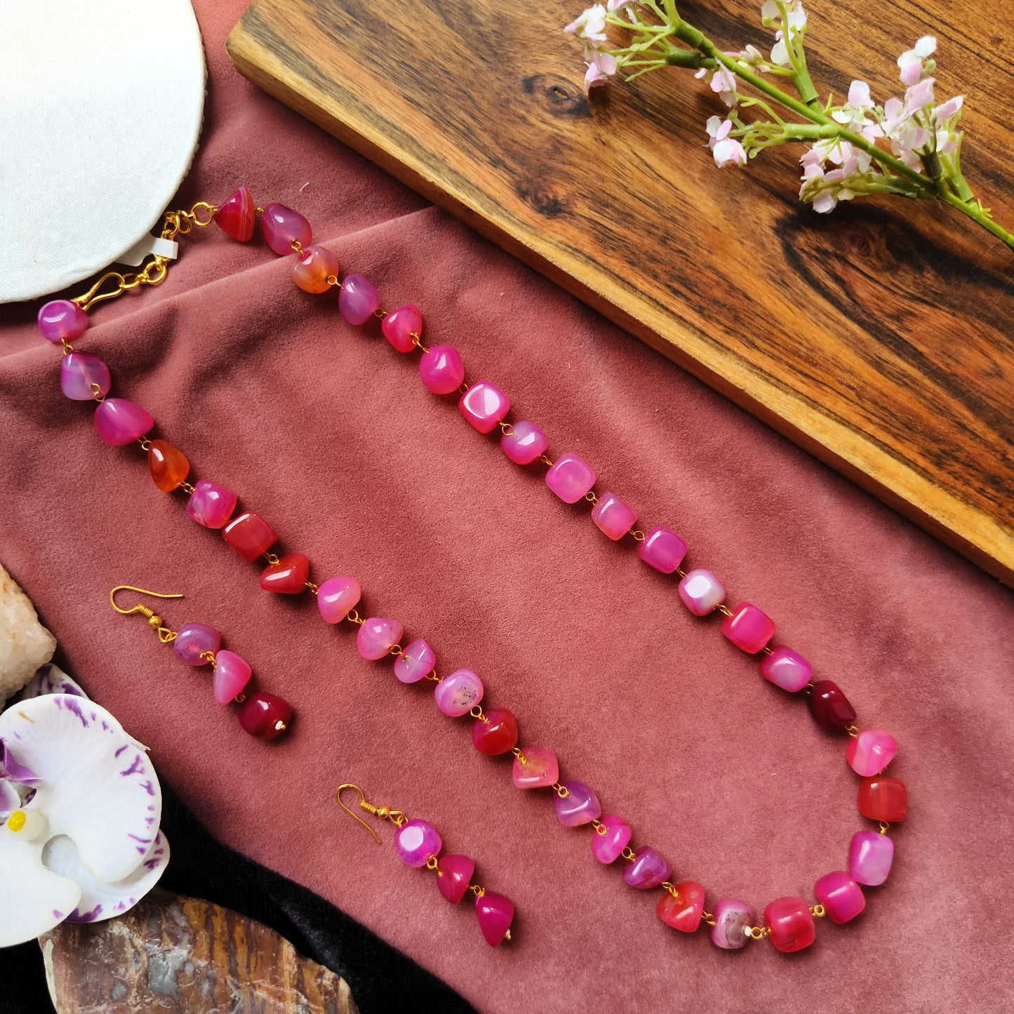 Pink & Red Agate Stone Beaded Necklace Set with Matching Earrings