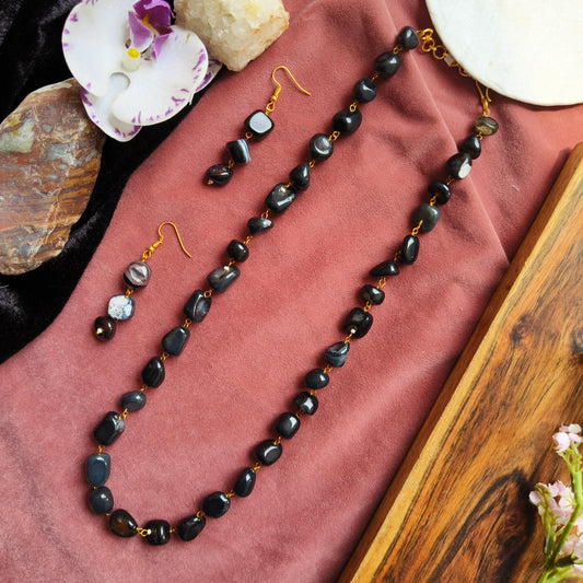 Black Onyx-Inspired Beaded Necklace Set with Matching Earrings