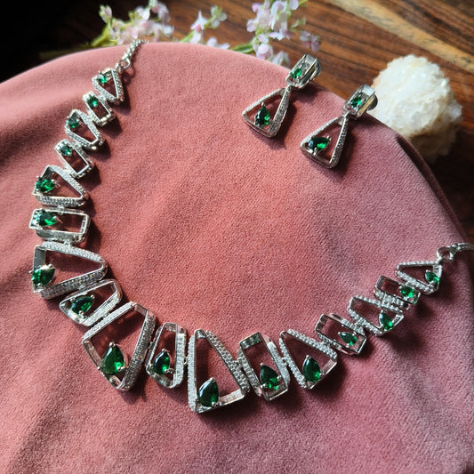 Emerald Green Crystal Necklace Set with Silver Finish & Earrings