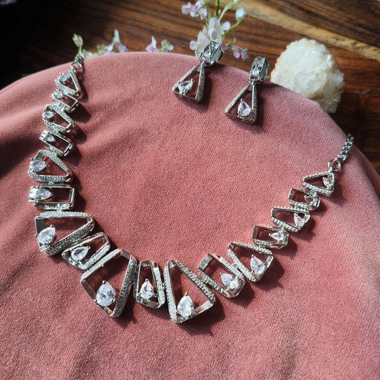 White Crystal Stone Necklace Set with Silver Geometric Design & Earrings