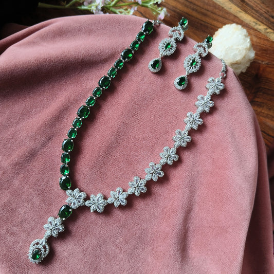 Floral Emerald Green Necklace Set with White Stones & Earrings