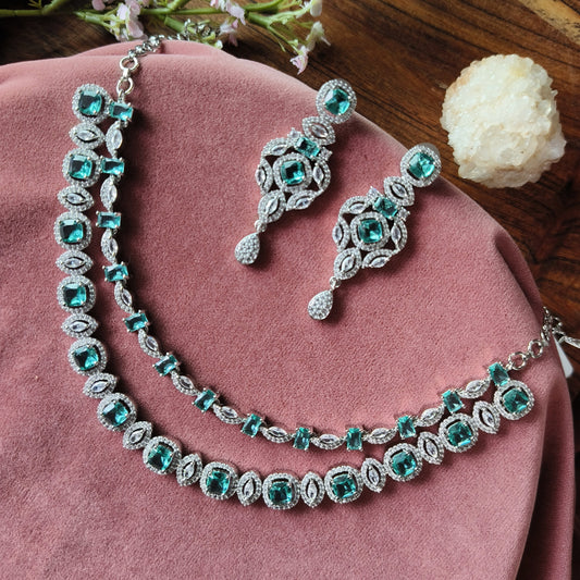 Emerald Green Crystal Necklace & Earrings Set – Luxury Silver-Tone Bridal & Party Jewellery