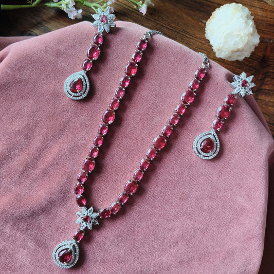 Ruby Red Crystal Necklace & Earrings Set – Elegant Silver-Tone Bridal Jewellery