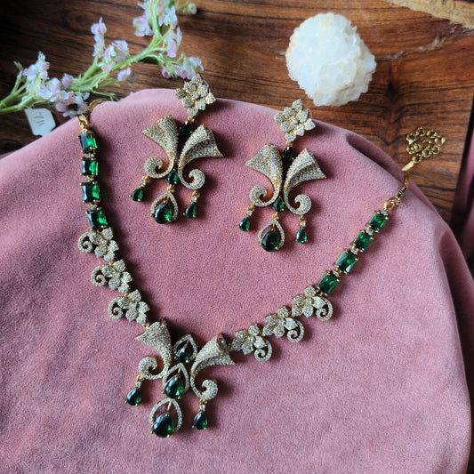 Emerald Green Stone Necklace & Earrings Set – Gold Finish Bridal Jewellery with CZ Diamonds