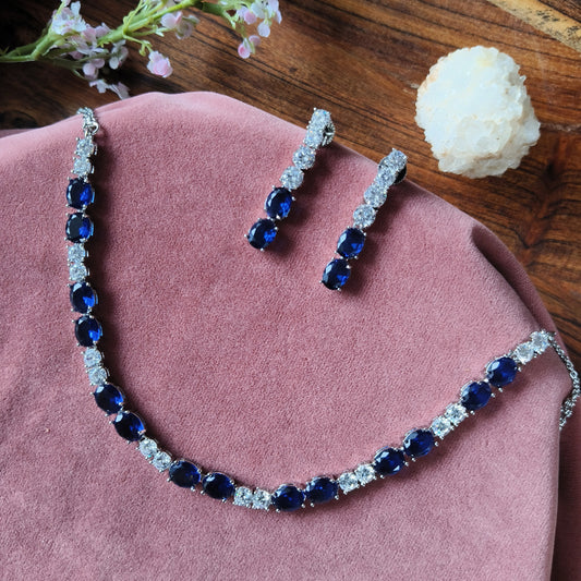 Royal Blue Stone Necklace & Earrings Set – Silver Finish with CZ Diamonds