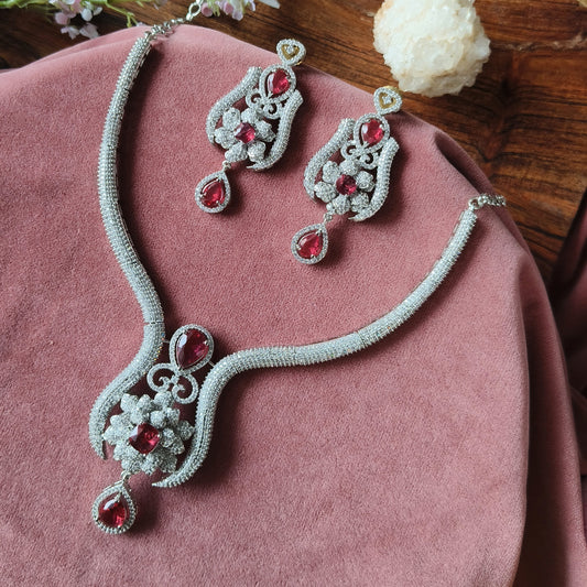 Bridal Red Stone Necklace & Earrings Set – Silver Finish with CZ Detailing