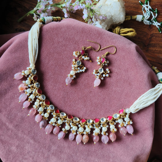 Kundan Pearl & Bead Necklace Set – Pastel Pink & Red Stones with Earrings