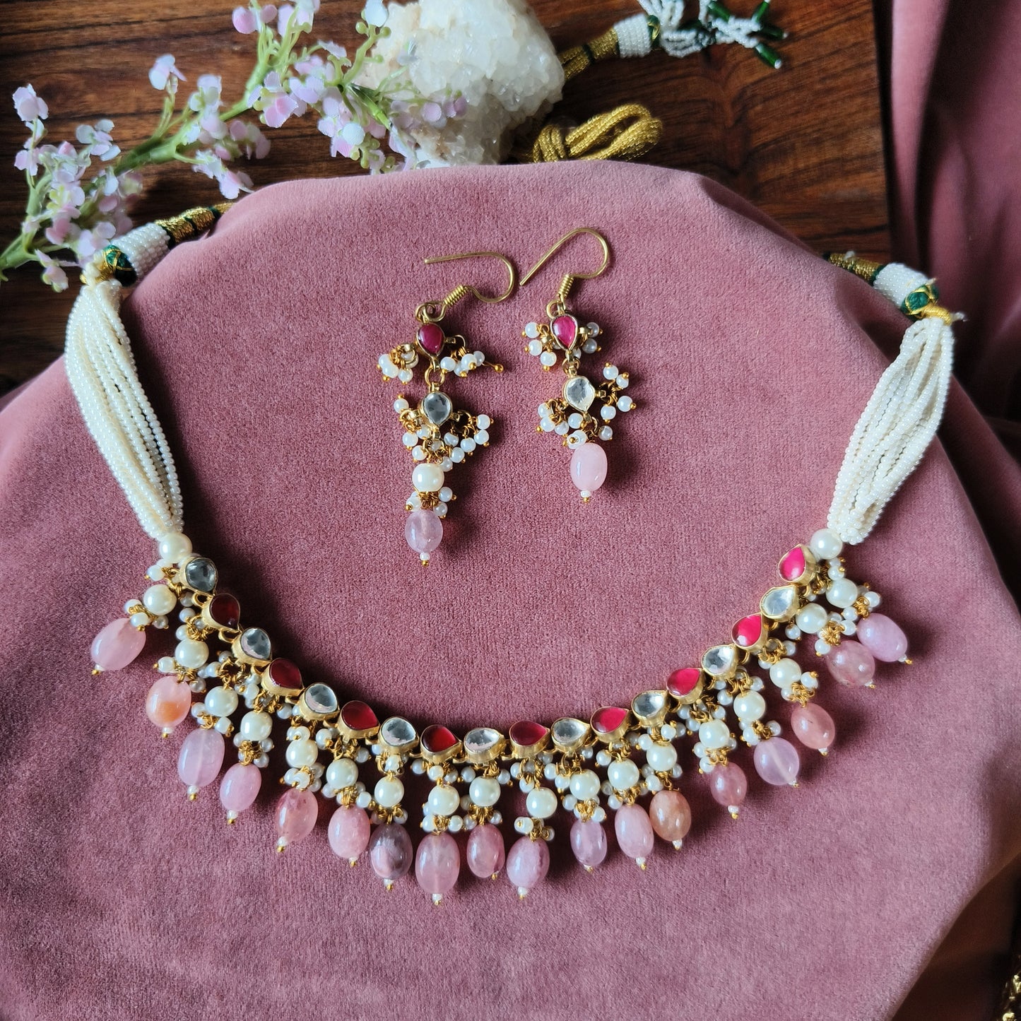 Kundan Pearl & Bead Necklace Set – Pastel Pink & Red Stones with Earrings