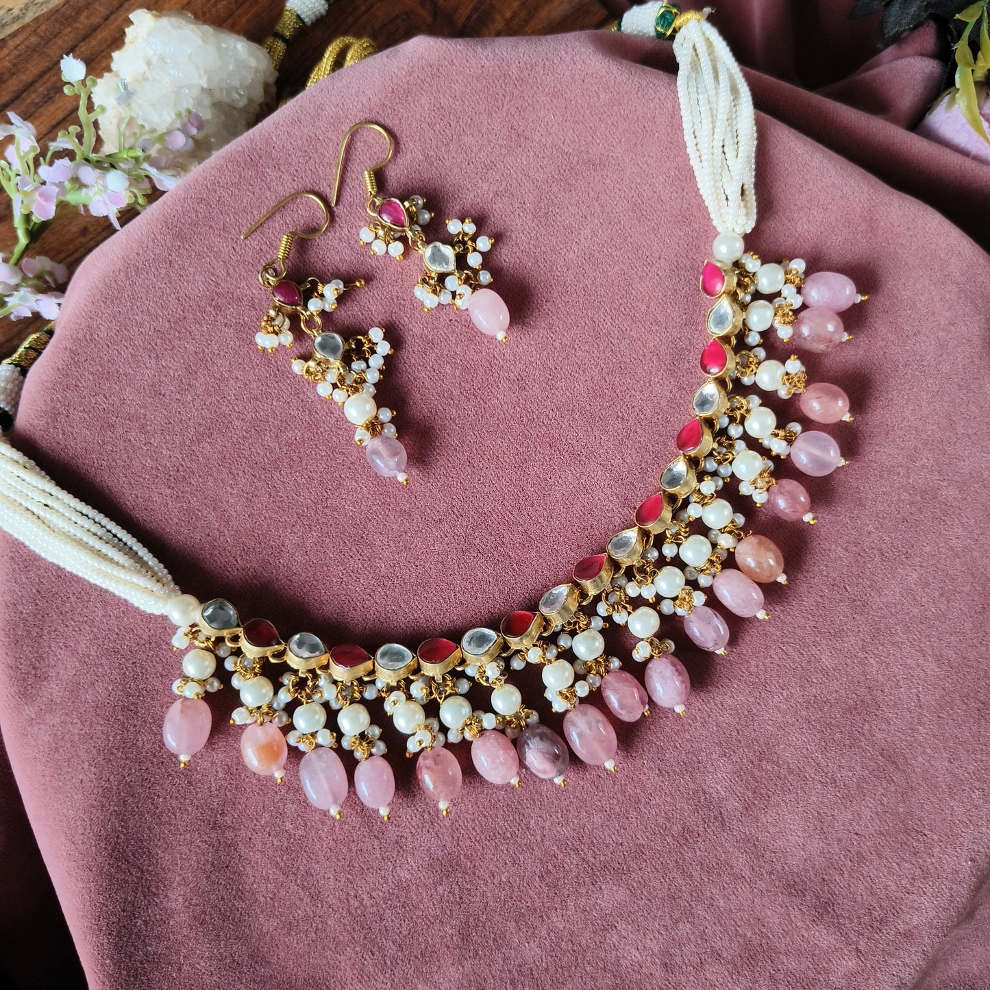 Kundan Pearl & Bead Necklace Set – Pastel Pink & Red Stones with Earrings