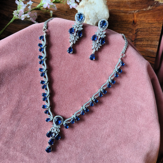 Royal Blue CZ Necklace Set | Silver Plated Bridal Jewelry for Weddings