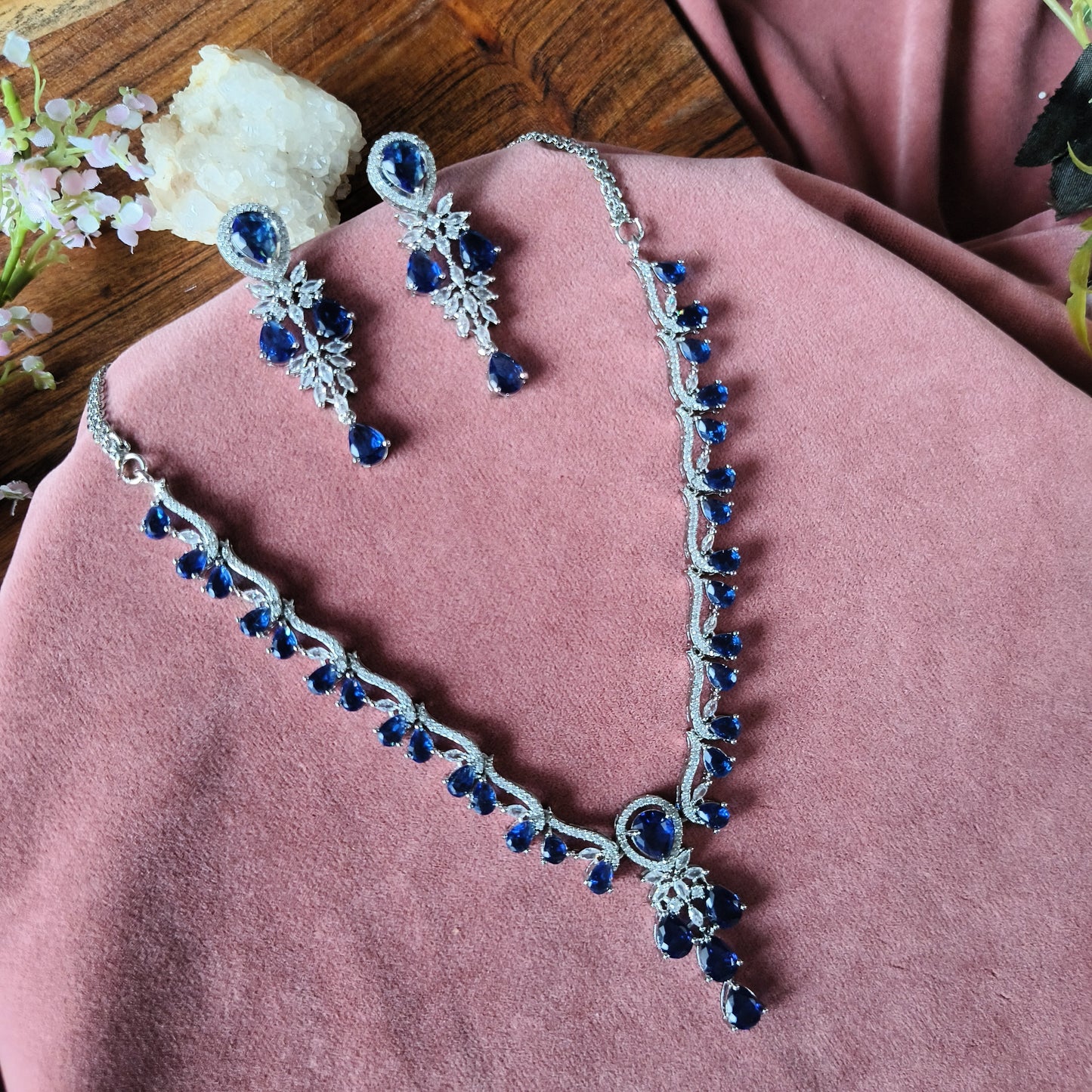 Royal Blue CZ Necklace Set | Silver Plated Bridal Jewelry for Weddings