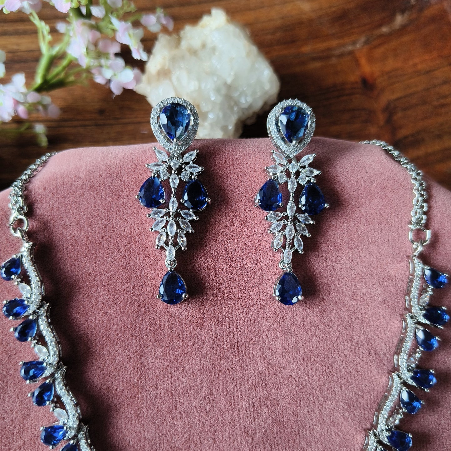 Royal Blue CZ Necklace Set | Silver Plated Bridal Jewelry for Weddings