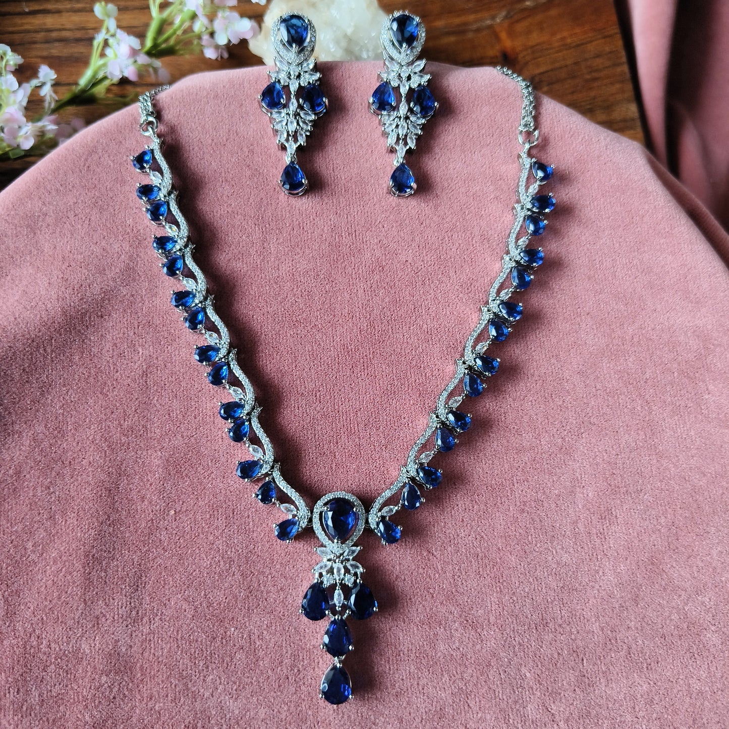 Royal Blue CZ Necklace Set | Silver Plated Bridal Jewelry for Weddings