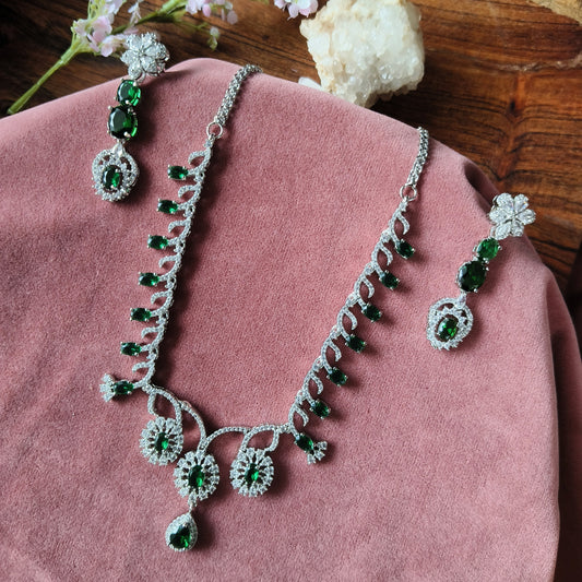 Green Emerald-Cut Stone Necklace Set with CZ Diamonds – Bridal & Party Wear Jewelry