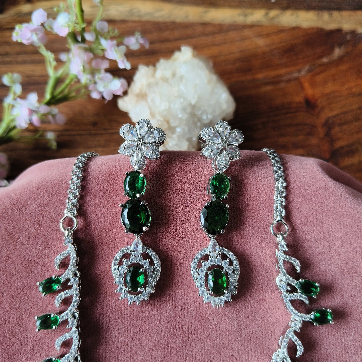Green Emerald-Cut Stone Necklace Set with CZ Diamonds – Bridal & Party Wear Jewelry