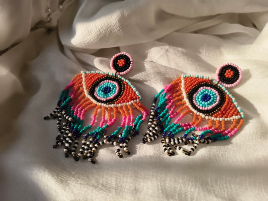 Handmade Beaded Evil Eye Earrings – Boho Statement Jewellery