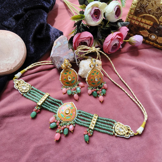 Handcrafted Mehka Gulnaar Green & Pink Enamel Necklace Set | Kundan Meenakari Jewellery for Women