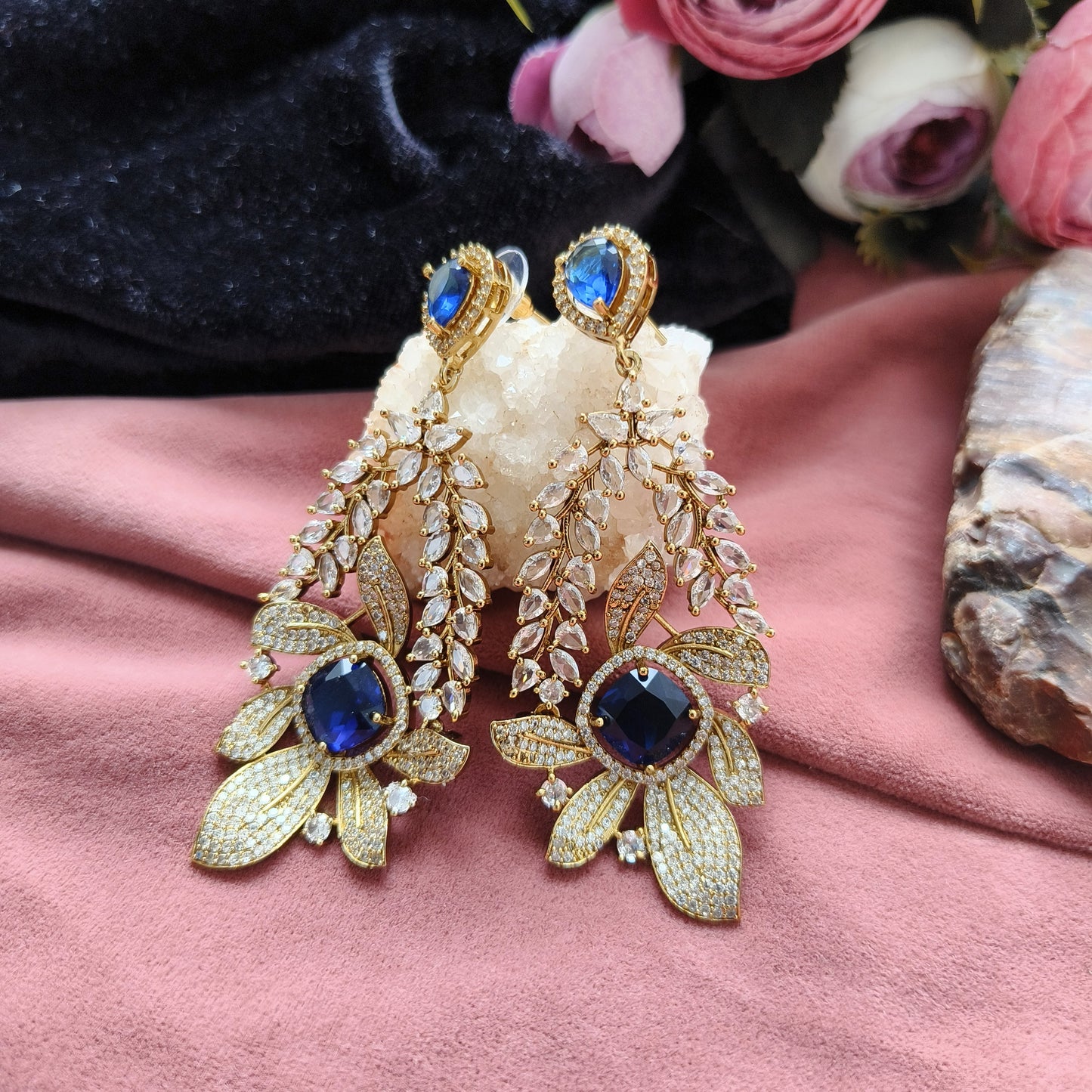 Midnight Bloom Floral Necklace Set | Blue Stone Designer Jewellery for Brides & Parties