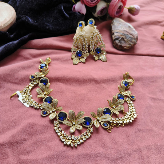 Midnight Bloom Floral Necklace Set | Blue Stone Designer Jewellery for Brides & Parties