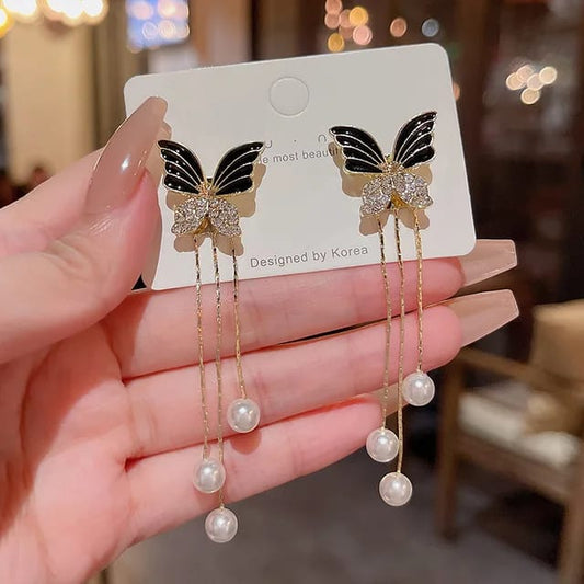 Enchanted Butterfly Pearl Drop Earrings – Elegant Statement Jewelry