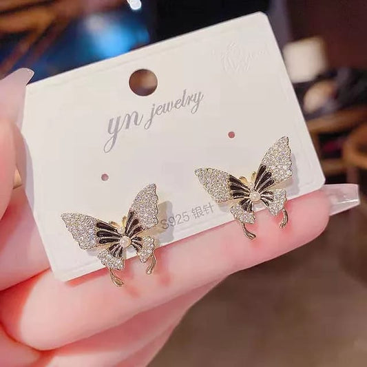 Gleaming Butterfly Stud Earrings – Sparkling Crystal & Pearl Accents