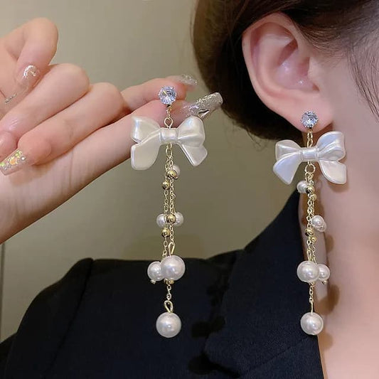 Elegant Pearl Bow Drop Earrings – Chic & Feminine Statement