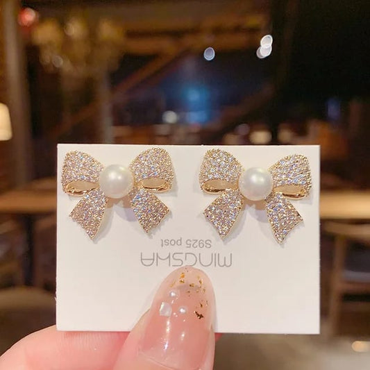 Luxury Crystal Bow Pearl Stud Earrings – Elegant & Sparkling