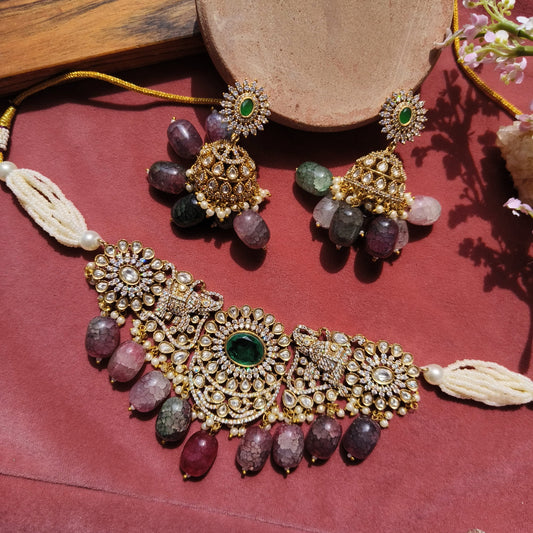 Royal Polki Choker Set with Beaded Drops & Green Centerpiece