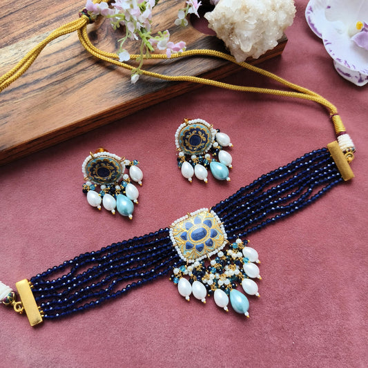 Royal Blue Meenakari Pearl Drop Choker Necklace Set