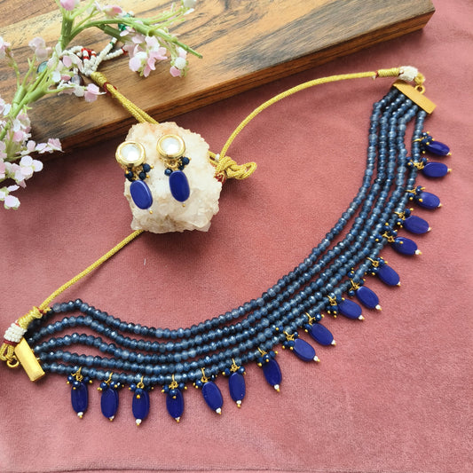 Royal Blue Beaded Choker Set with Drop Earrings