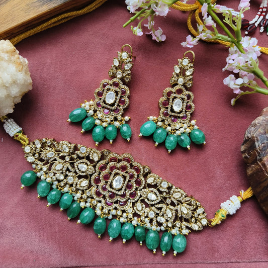 Antique Kundan Choker Set with Ruby-Green Beads & Floral Detailing
