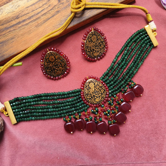 Royal Green & Maroon Meenakari Beaded Choker Necklace Set