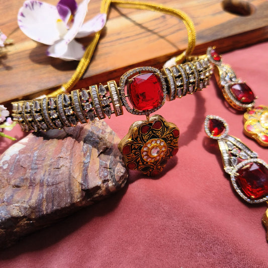 Royal Red Kundan Choker Set with Earrings & Meenakari Pendant