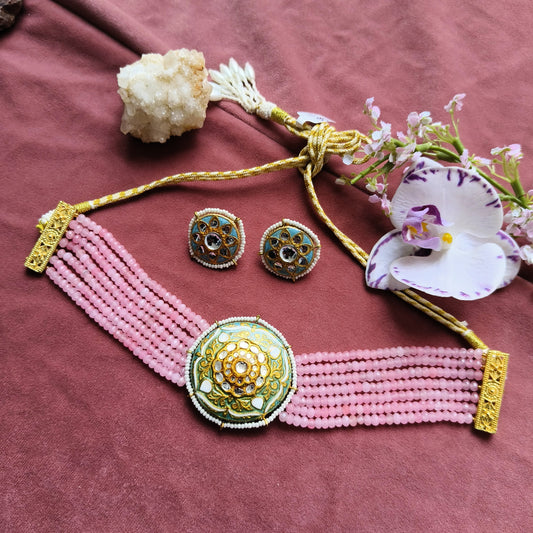Pink Beaded Choker Set with Green Meenakari Pendant & Stud Earrings