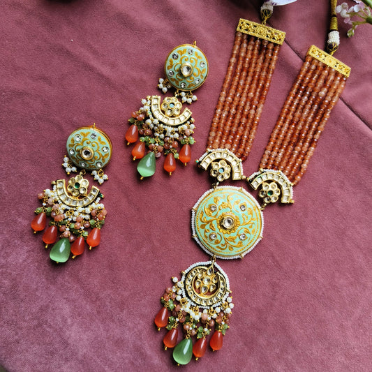 Orange Beaded Meenakari Necklace Set with Kundan & Droplet Earrings