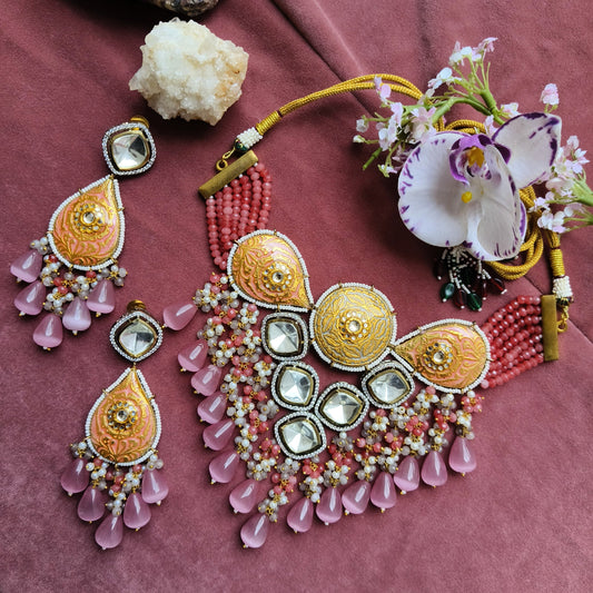 Pink Kundan Bridal Necklace Set with Meenakari and Drop Beads